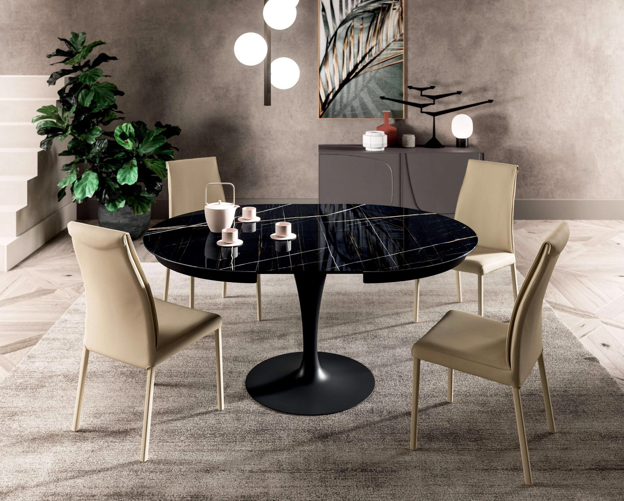 Раздвижной обеденный стол Eclipse MG02 – Marble Glass Sahara Noir — Ozzio Italia, дерево, фото 3